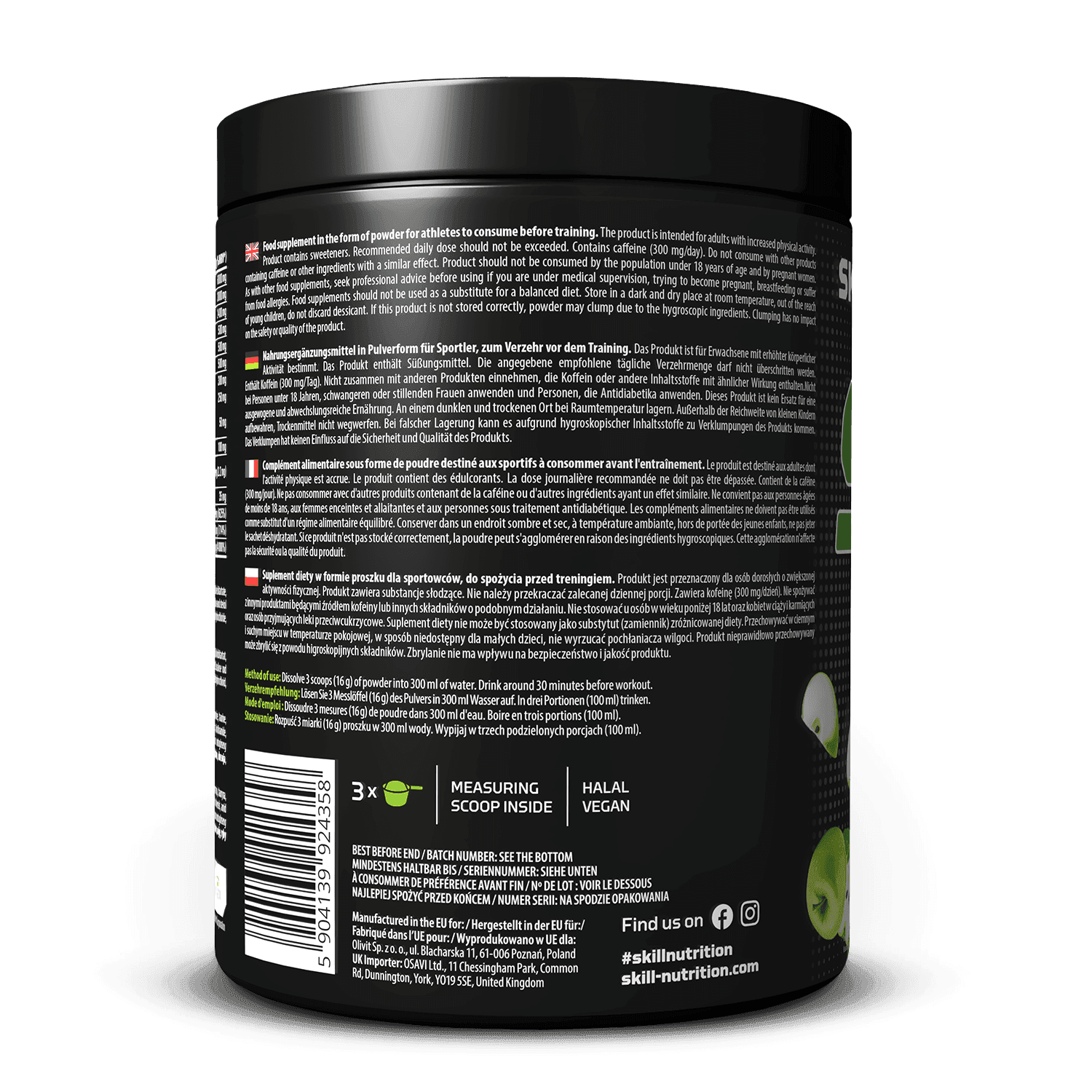 back of Skill Pre-Workout Green Apple 