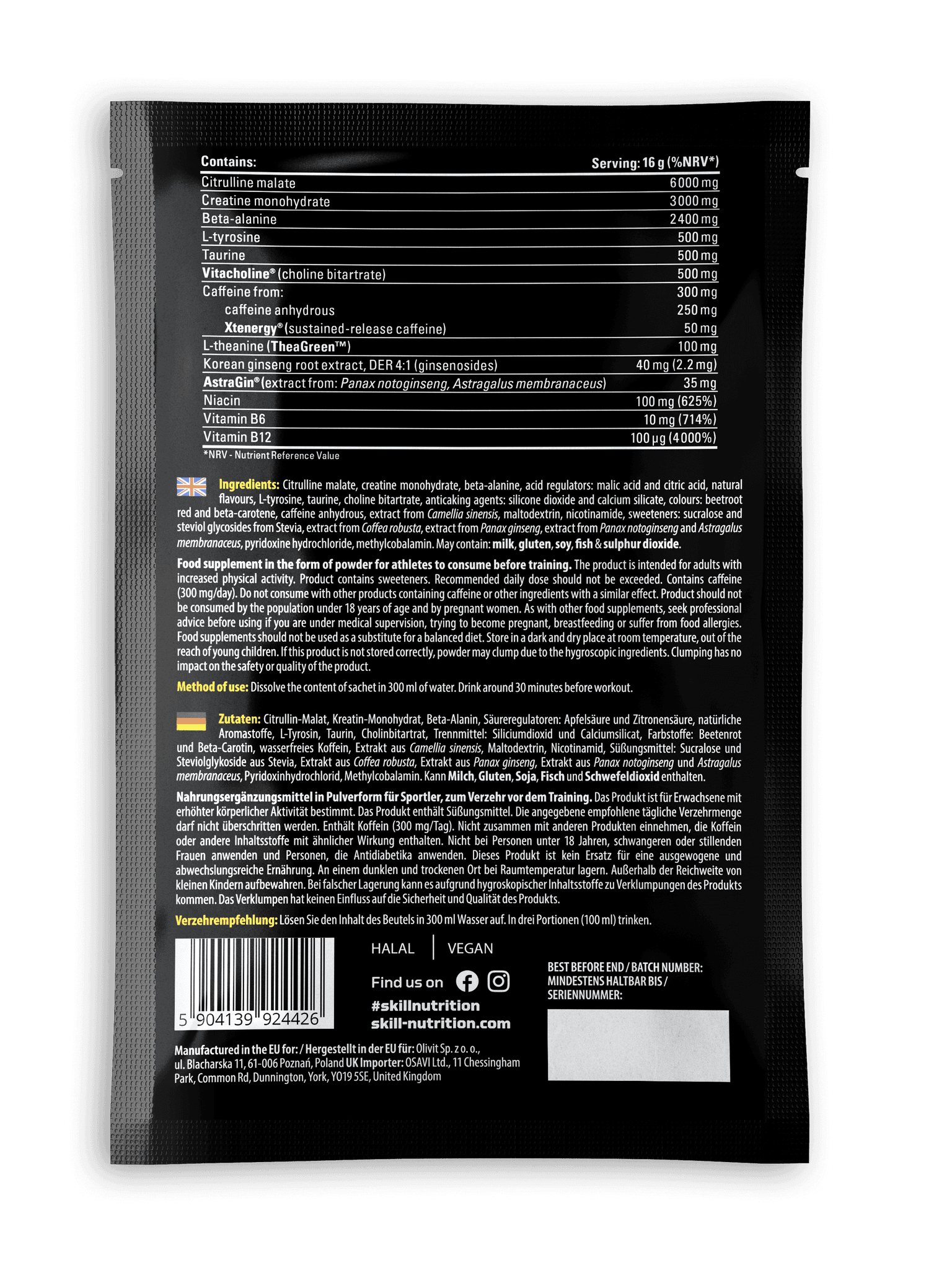 tylnia strona saszetki preworkout skill nutrition